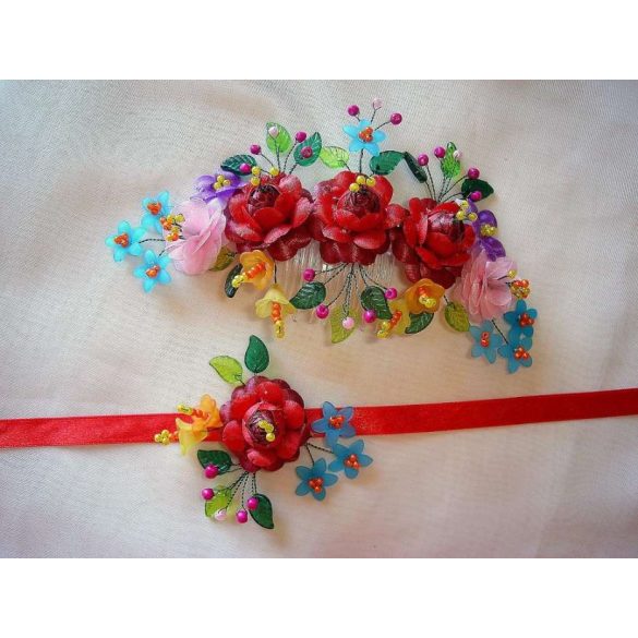 Kalocsai motívumos fejdísz+nyakdísz 