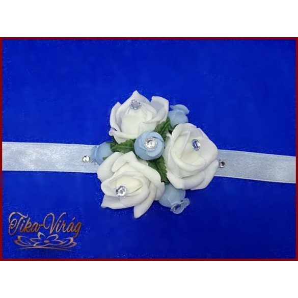 Csuklódísz fehér-világos kék rózsás-világos világos kék szalagon 