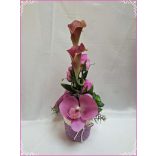 Lilás-mályvás árnyalatú ikebana, asztaldísz összeállítás 