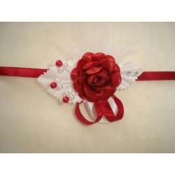 Bordó Virágos Csuklódísz Bordó, Fehér Szalaggal 