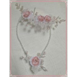 Menyasszonyi szett fejdísz+nyaklánc Fehér-púder 