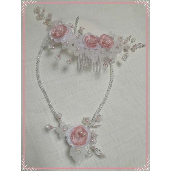 Menyasszonyi szett fejdísz+nyaklánc Fehér-púder 