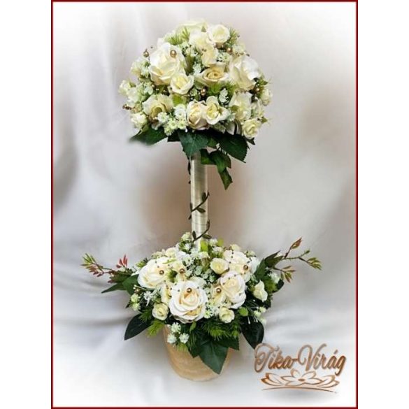 Pezsgő-arany-ekrü díszítésű fácska, örök-asztaldísz 