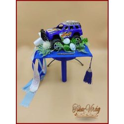   Ovis ballagási örök csokor fiúknak – kék terepjárós egyedi ajándék