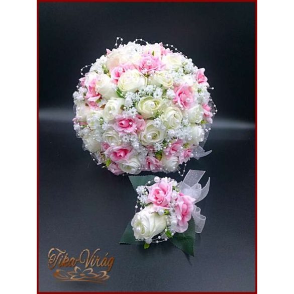 25 SZÁLAS FEHÉR RÓZSÁS-RÓZSASZÍN RÓZSÁVAL DÍSZÍTETT ÖRÖK-CSOKOR + kitűzővel 