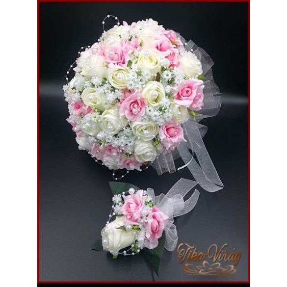25 SZÁLAS FEHÉR RÓZSÁS-RÓZSASZÍN RÓZSÁVAL DÍSZÍTETT ÖRÖK-CSOKOR + kitűzővel 