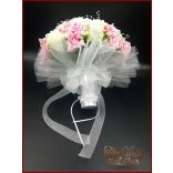 25 SZÁLAS FEHÉR RÓZSÁS-RÓZSASZÍN RÓZSÁVAL DÍSZÍTETT ÖRÖK-CSOKOR + kitűzővel 