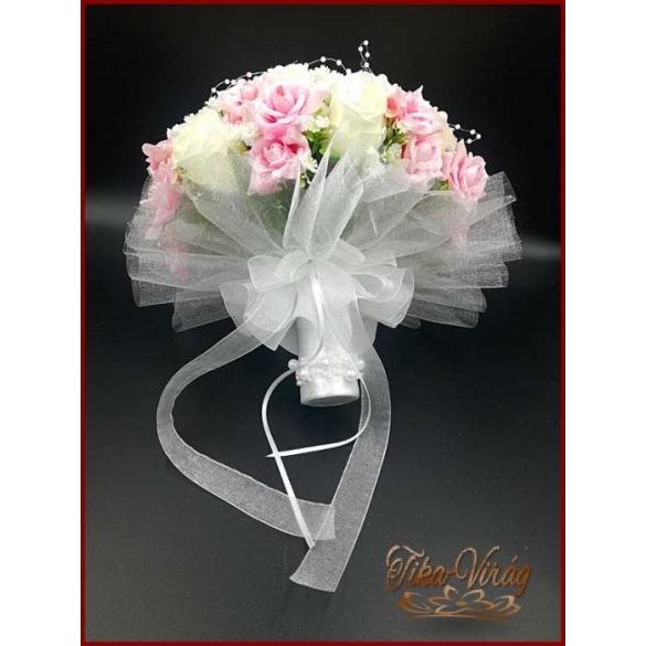 25 SZÁLAS FEHÉR RÓZSÁS-RÓZSASZÍN RÓZSÁVAL DÍSZÍTETT ÖRÖK-CSOKOR + kitűzővel 