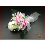 25 SZÁLAS FEHÉR RÓZSÁS-RÓZSASZÍN RÓZSÁVAL DÍSZÍTETT ÖRÖK-CSOKOR + kitűzővel 