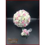 25 SZÁLAS FEHÉR RÓZSÁS-RÓZSASZÍN RÓZSÁVAL DÍSZÍTETT ÖRÖK-CSOKOR + kitűzővel 