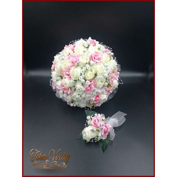 25 SZÁLAS FEHÉR RÓZSÁS-RÓZSASZÍN RÓZSÁVAL DÍSZÍTETT ÖRÖK-CSOKOR + kitűzővel 