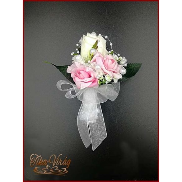 Fehér rózsás-rózsaszín rózsával díszített kitűző, bokréta 