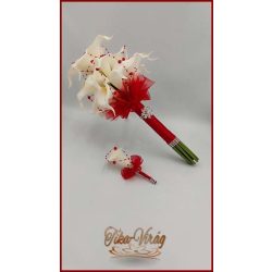   24 virágos Fehér Kála örök-csokor piros díszítéssel + kitűzővel 