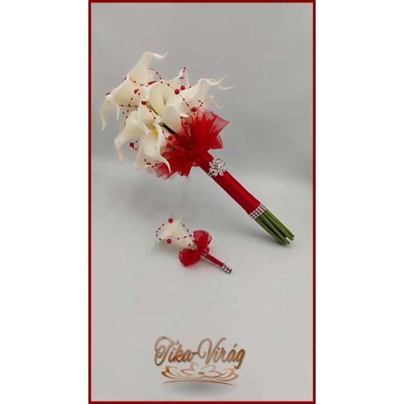 24 virágos Fehér Kála örök-csokor piros díszítéssel + kitűzővel 
