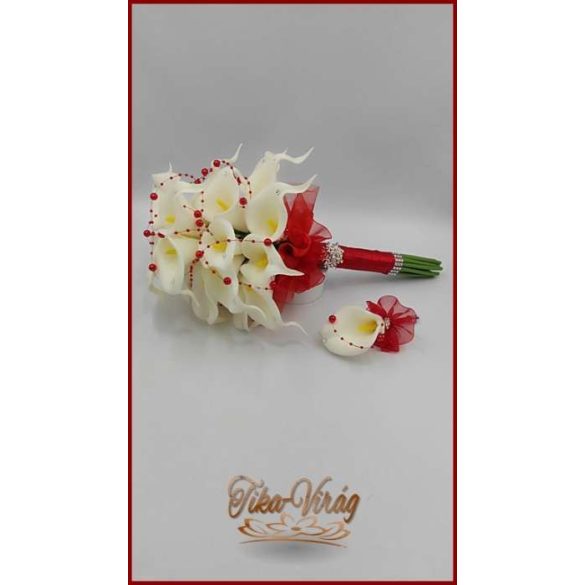 24 virágos Fehér Kála örök-csokor piros díszítéssel + kitűzővel 