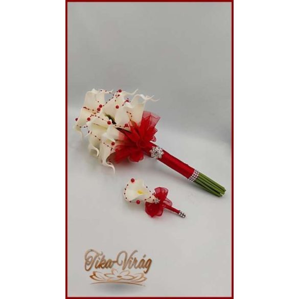 24 virágos Fehér Kála örök-csokor piros díszítéssel + kitűzővel 