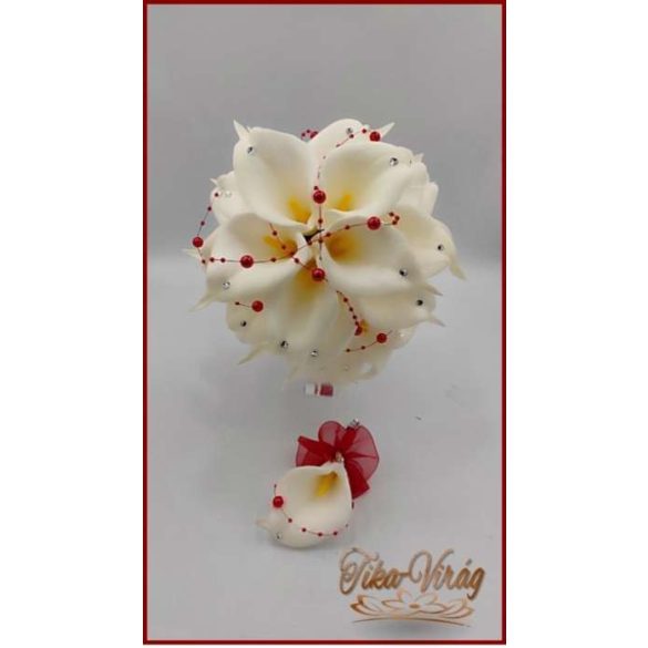 24 virágos Fehér Kála örök-csokor piros díszítéssel + kitűzővel 