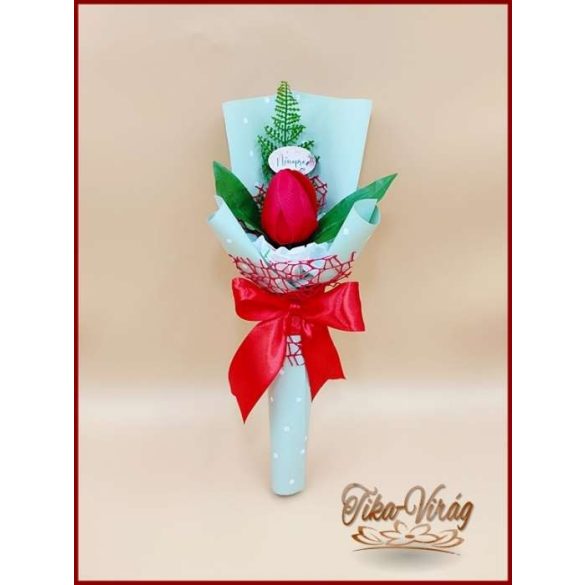 Piros színű szappan-tulipán csokor Nőnapi táblával 