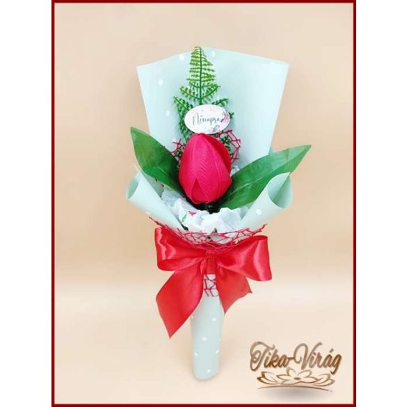 Piros színű szappan-tulipán csokor Nőnapi táblával 