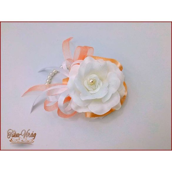 Fehér rózsás-barack szalagos gyöngyös pánttal 