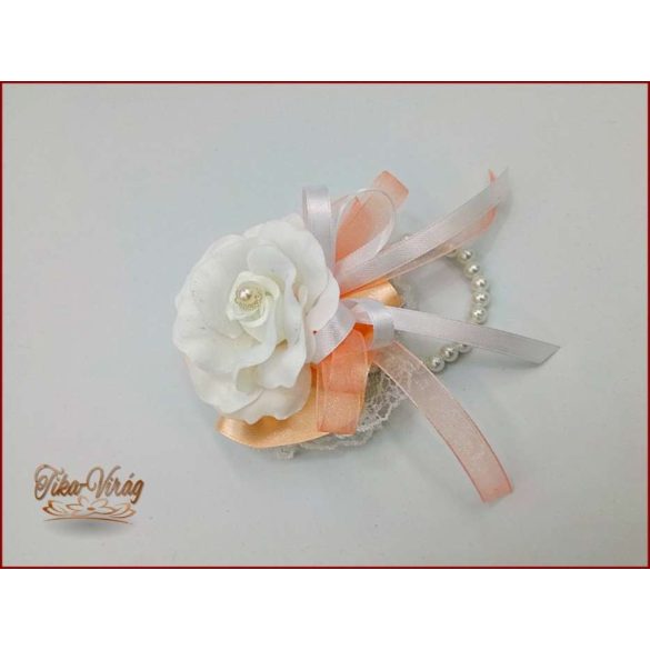 Fehér rózsás-barack szalagos gyöngyös pánttal 