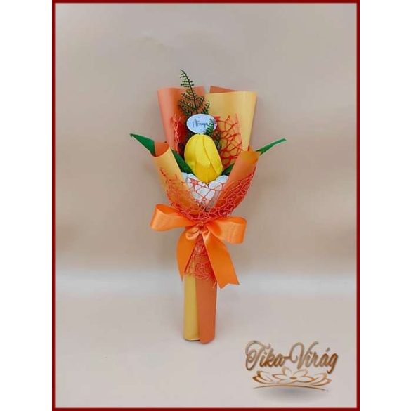 Sárga színű szappan-tulipán csokor Nőnapi táblával 