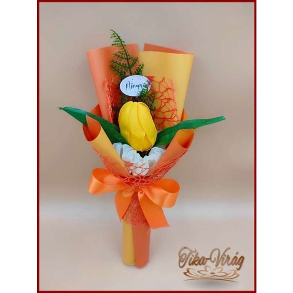 Sárga színű szappan-tulipán csokor Nőnapi táblával 