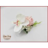 Rózsaszín rózsás- fehér orchideás kitűző 