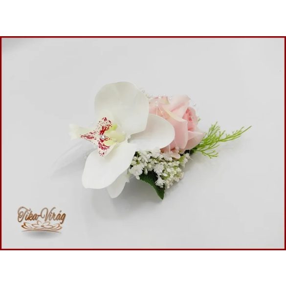 Rózsaszín rózsás- fehér orchideás kitűző 
