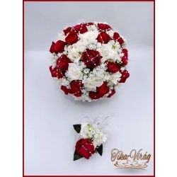   25 szálas vörös rózsa fehér rózsa díszítésű örökcsokor és kitűzővel 