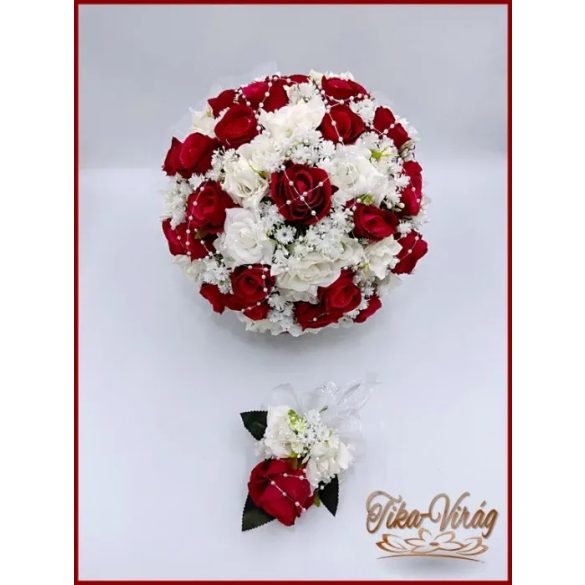 25 szálas vörös rózsa fehér rózsa díszítésű örökcsokor és kitűzővel 