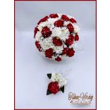 25 szálas vörös rózsa fehér rózsa díszítésű örökcsokor és kitűzővel 