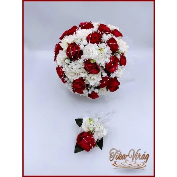 25 szálas vörös rózsa fehér rózsa díszítésű örökcsokor és kitűzővel 