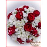 25 szálas vörös rózsa fehér rózsa díszítésű örökcsokor és kitűzővel 