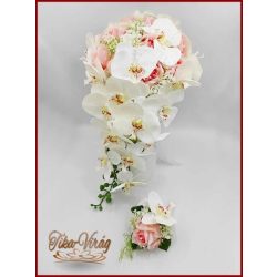   Rózsaszín rózsás- Fehér orchideás örök-csepp csokor + kitűzővel 