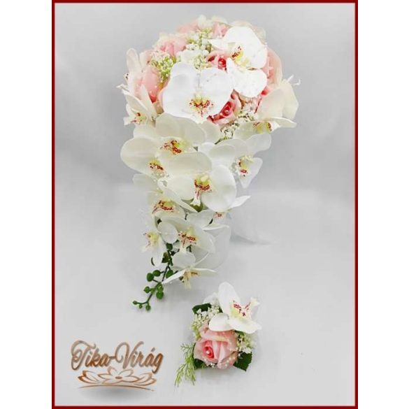 Rózsaszín rózsás- Fehér orchideás örök-csepp csokor + kitűzővel 