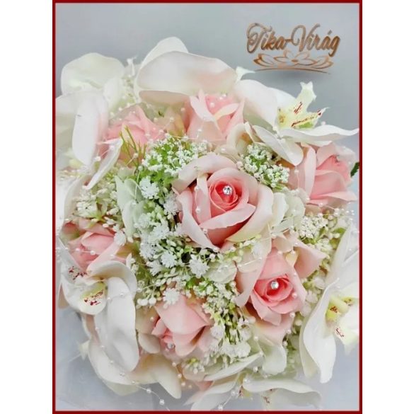 Rózsaszín rózsás- Fehér orchideás örök-csepp csokor + kitűzővel 