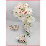 Rózsaszín rózsás- Fehér orchideás örök-csepp csokor + kitűzővel 