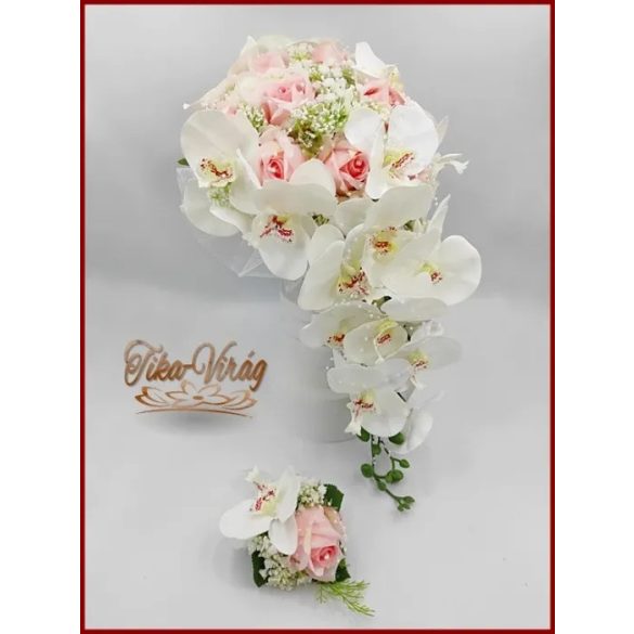 Rózsaszín rózsás- Fehér orchideás örök-csepp csokor + kitűzővel 
