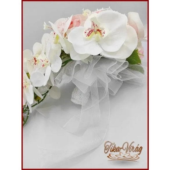 Rózsaszín rózsás- Fehér orchideás örök-csepp csokor + kitűzővel 