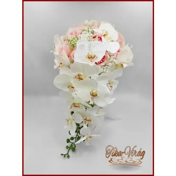 Rózsaszín rózsás- Fehér orchideás örök-csepp csokor 