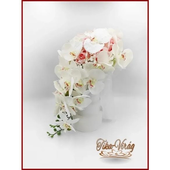 Rózsaszín rózsás- Fehér orchideás örök-csepp csokor 