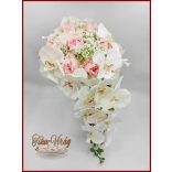 Rózsaszín rózsás- Fehér orchideás örök-csepp csokor 
