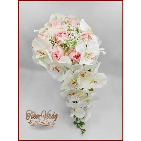 Rózsaszín rózsás- Fehér orchideás örök-csepp csokor 