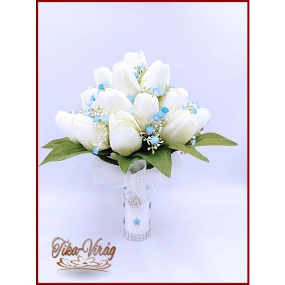 Fehér tulipán-kék díszítéssel örök-csokor 29 szálas 