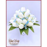 Fehér tulipán-kék díszítéssel örök-csokor 29 szálas 