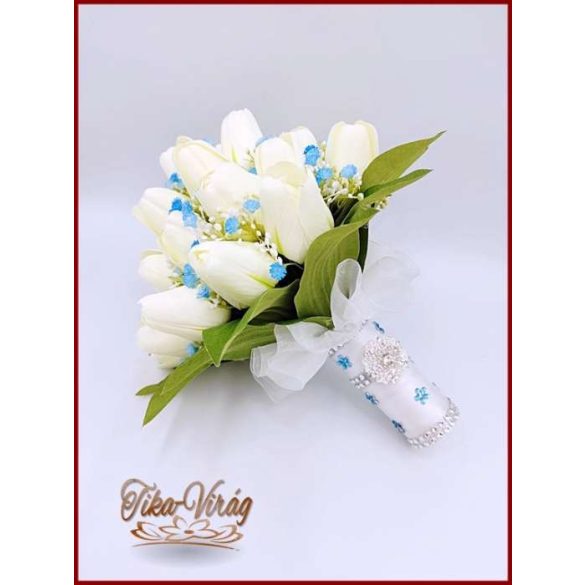 Fehér tulipán-kék díszítéssel örök-csokor 29 szálas 