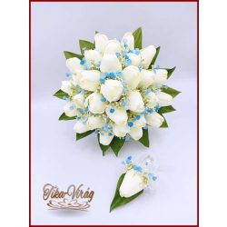   Fehér tulipán-kék díszítéssel örök-csokor 29 szálas+kitűzővel 