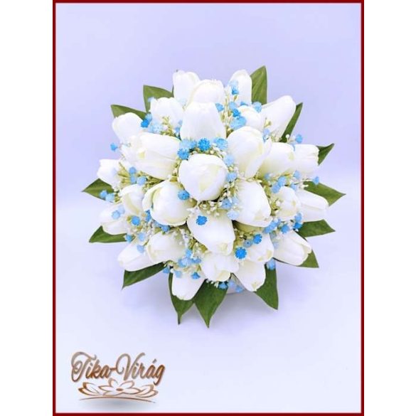 Fehér tulipán-kék díszítéssel örök-csokor 29 szálas+kitűzővel 