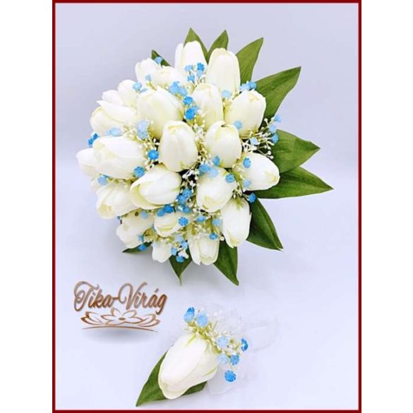 Fehér tulipán-kék díszítéssel örök-csokor 29 szálas+kitűzővel 
